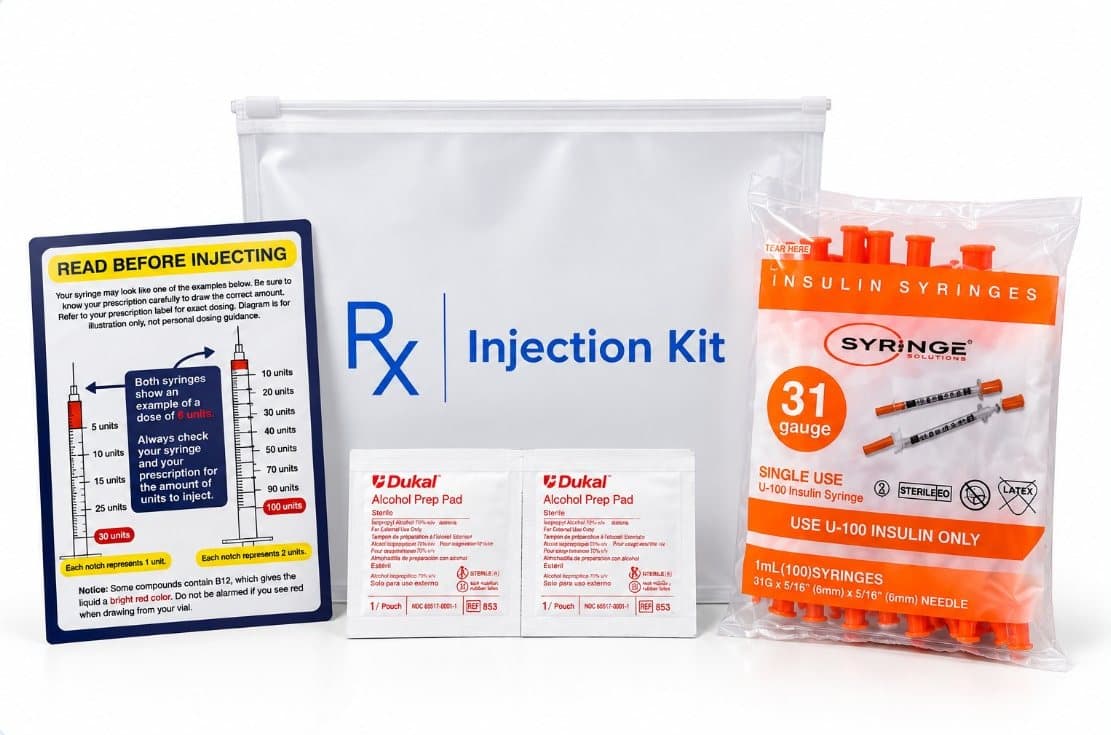 Pre-packed injection kit with syringes, alcohol prep pads and tracking card